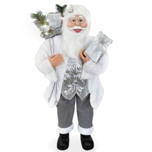 Santa Blanc Et Argent Robe En Velours 110H Cm Avec Lumières Et Sons