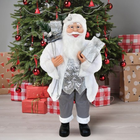 Santa Blanc et Argent Robe en velours 90H cm avec Lumières et Sons