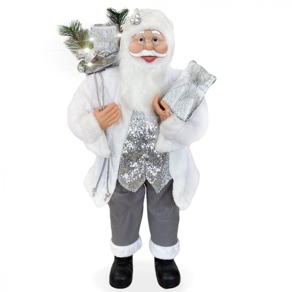 Santa Blanc et Argent Robe en velours 90H cm avec Lumières et Sons