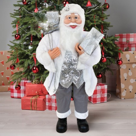 Santa Blanc et Argent Robe de velours 120H cm avec Lumières et Sons