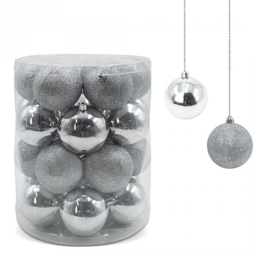 Pack 24 Boules 7 cm Noel boules de Noel Argent Décorations pour arbres