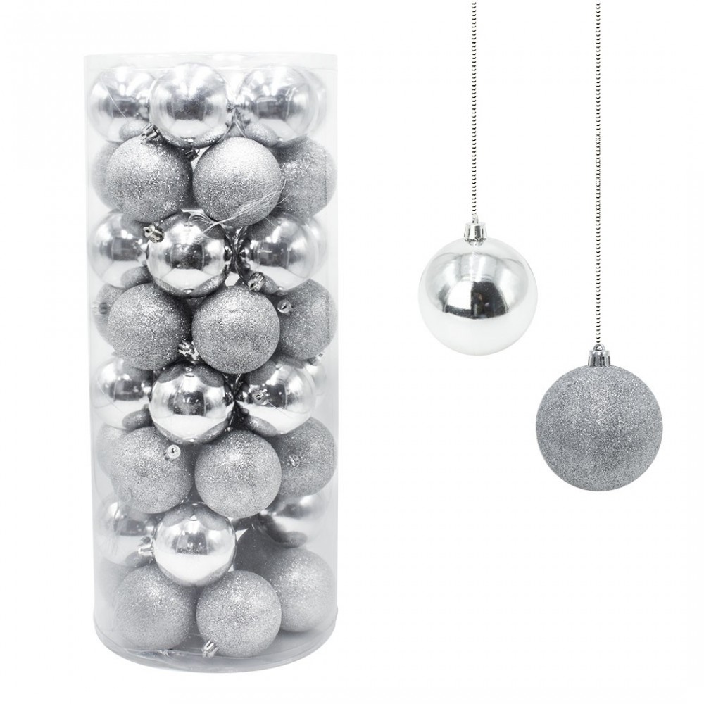 Lot de 48 boules de Noël de 7cm Décorations de sapin de Noël argentées