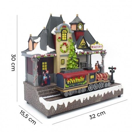 Village de Noel Station enneigée lumières sons mouvement 30Hx15Px32Lcm