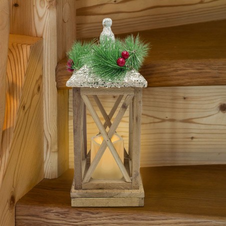 Lanterne de Noel décoration en bois avec lumière LED et paillettes