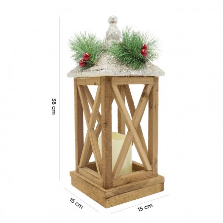 Lanterne de Noel décoration en bois avec lumière LED et paillettes