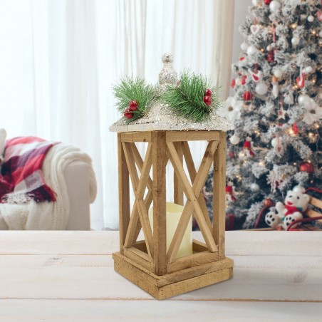 Lanterne de Noel décoration en bois avec lumière LED et paillettes