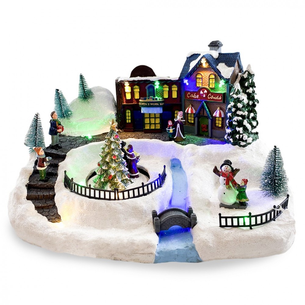 Village de Noel enneigé Carrousel Lumières Sons...