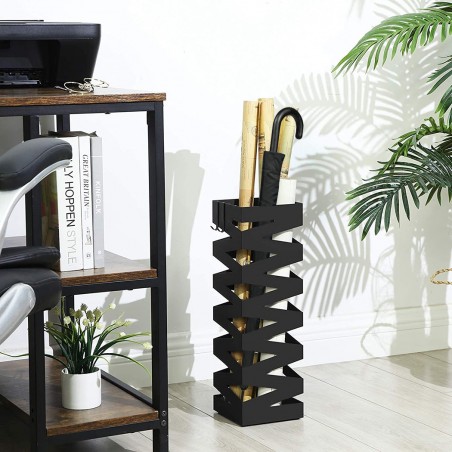 Porte-parapluies en métal noir carré design moderne crochets 49x15,5cm