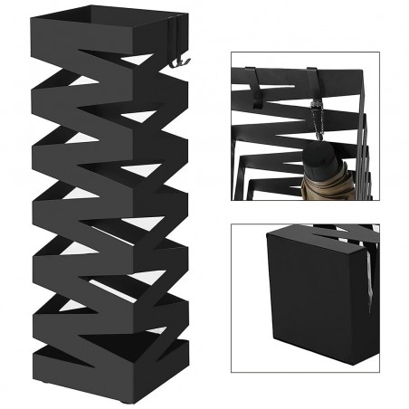 Porte-parapluies en métal noir carré design moderne crochets 49x15,5cm