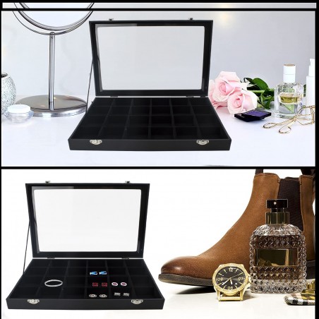 Boîte à bijoux noire à 24 compartiments Présentoir à bijoux pliable