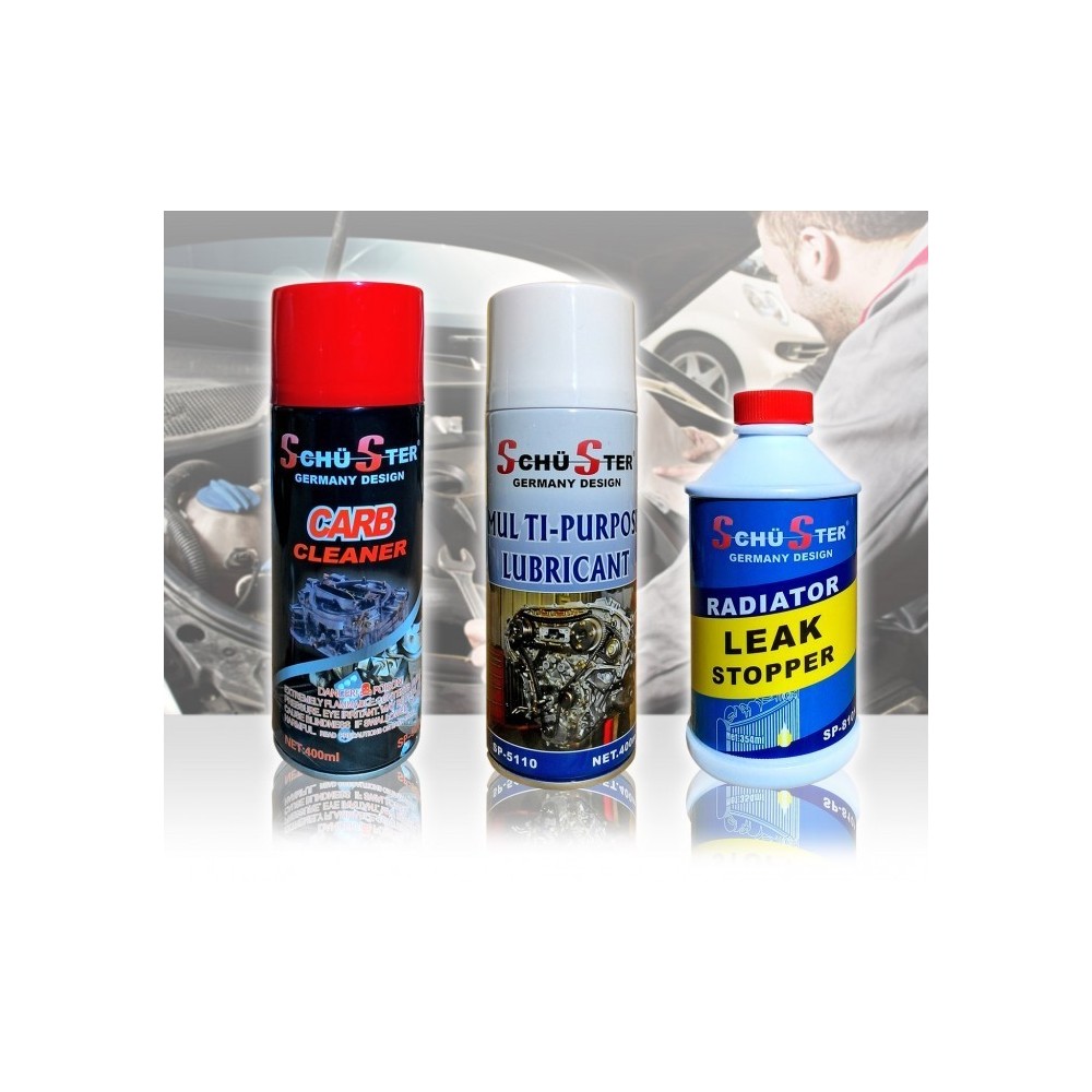 Kit de 3 produits Schu-Ster pour le maintien du radiateur de voiture et des pièces mécaniques