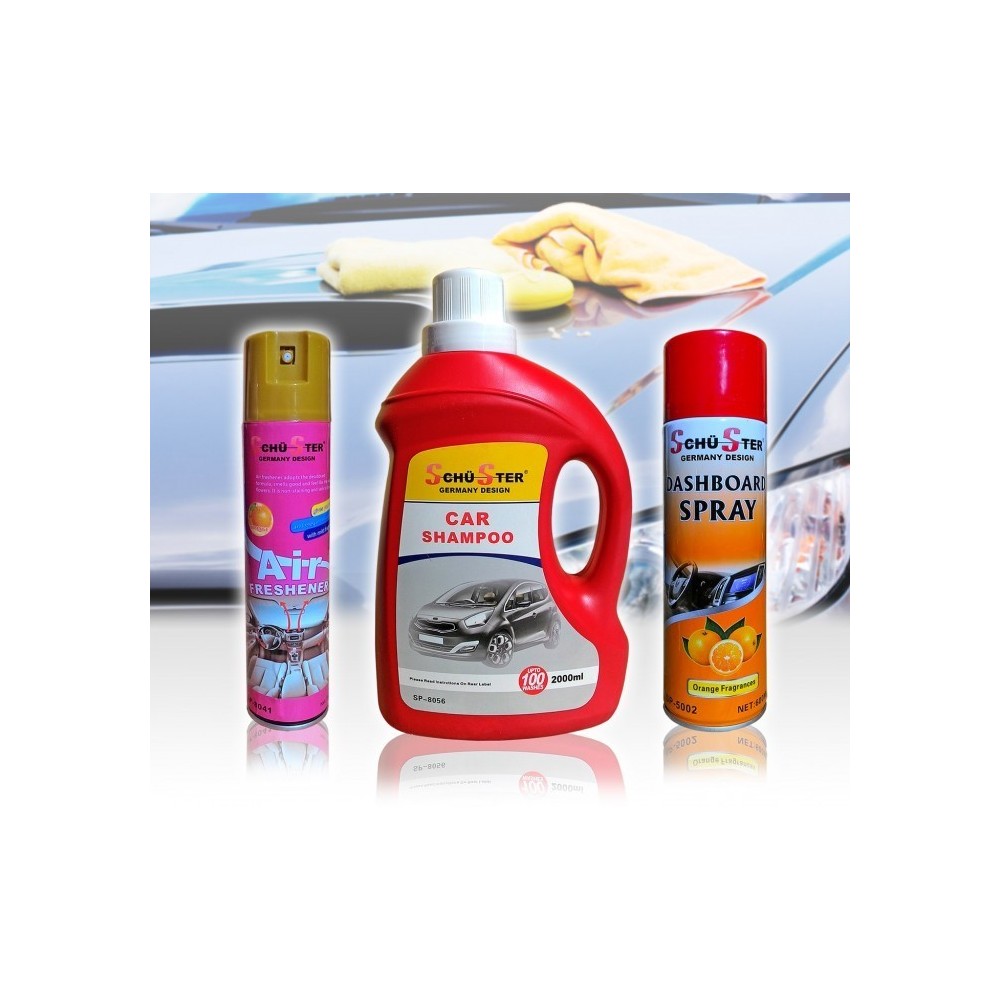 Kit 3 produits Schu-Ster nettoyage de voiture parfum spray / shampoing et brillant tableau de bord 