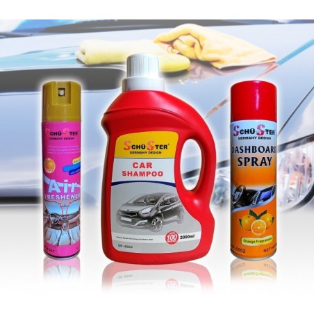 Kit 3 produits Schu-Ster nettoyage de voiture parfum spray / shampoing et brillant tableau de bord 