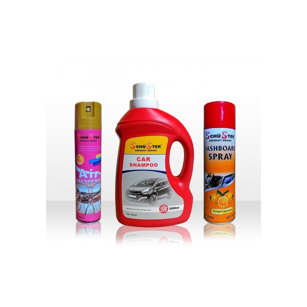 Kit 3 produits Schu-Ster nettoyage de voiture parfum spray / shampoing et brillant tableau de bord 