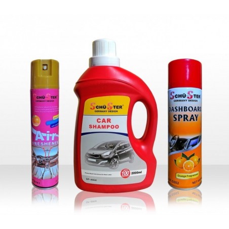 Kit 3 produits Schu-Ster nettoyage de voiture parfum spray / shampoing et brillant tableau de bord 