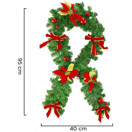 326608 Couronne de Noël pour porte avec nœuds et fleurs rouges 40x95 cm