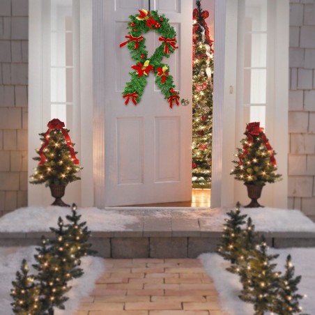 326608 Couronne de Noël pour porte avec nœuds et fleurs rouges 40x95 cm