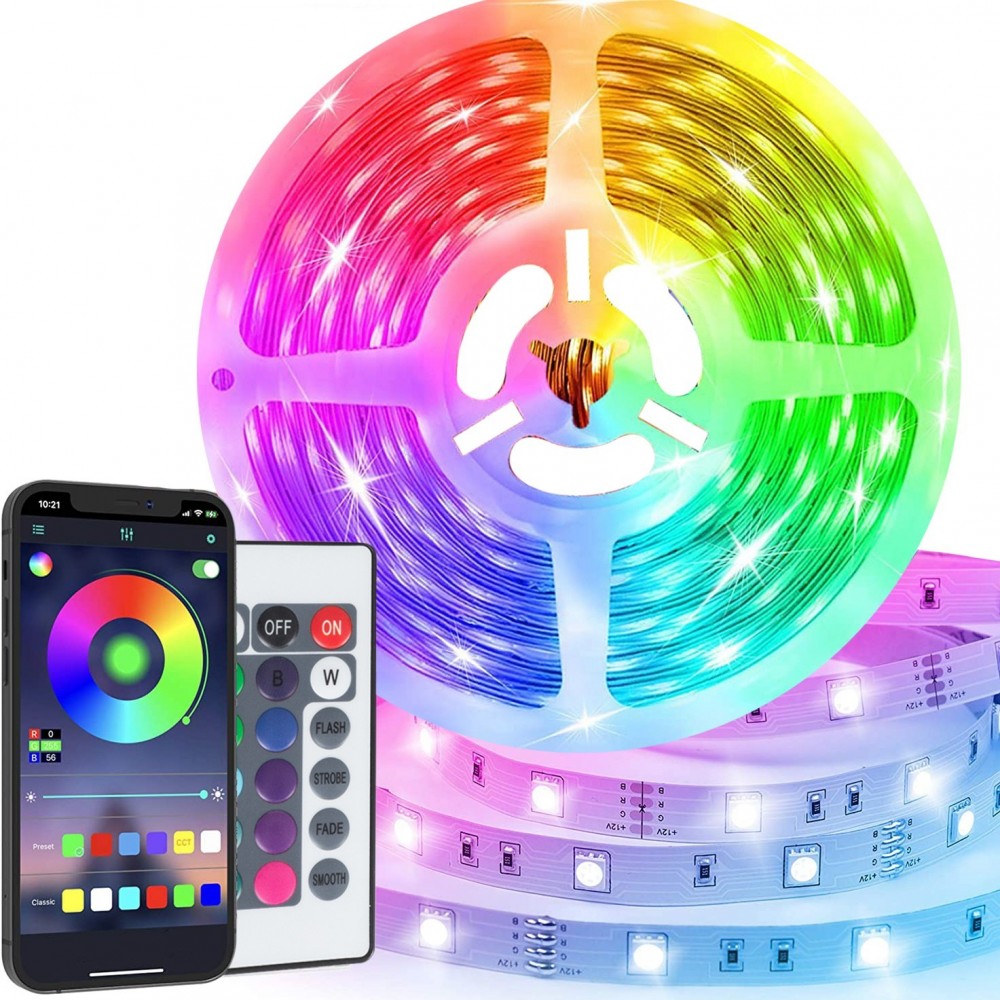 5050 Bande LED RVB 5mt Luminosité Couleur Rythme réglable APP ou télécommande