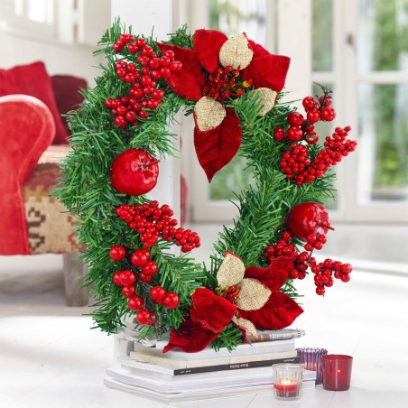 Couronne de porte de Noël ronde de 35 cm avec décorations rouges