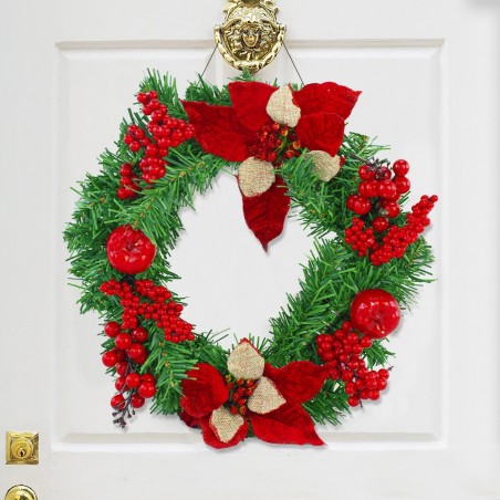 Couronne de porte de Noël ronde de 35 cm avec décorations rouges