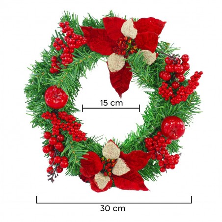 Couronne de porte de Noël ronde de 35 cm avec décorations rouges
