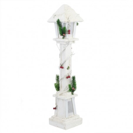 662430 Lanterne de Noël en bois décor blanc 61 cm avec lumière LED chaude
