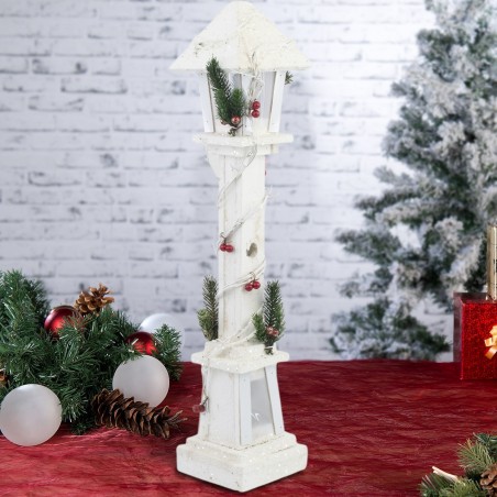 662430 Lanterne de Noël en bois décor blanc 61 cm avec lumière LED chaude