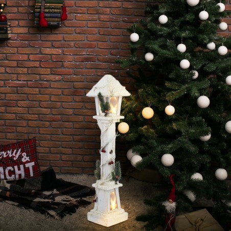 662430 Lanterne de Noël en bois décor blanc 61 cm avec lumière LED chaude