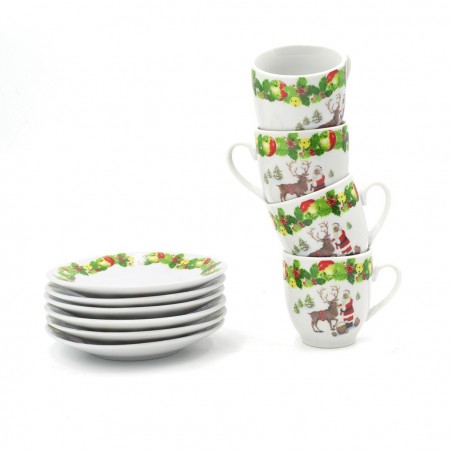 Lot de 6 tasses à café et soucoupes en céramique avec le Père Noël et le renne