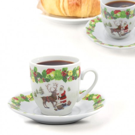 Lot de 6 tasses à café et soucoupes en céramique avec le Père Noël et le renne