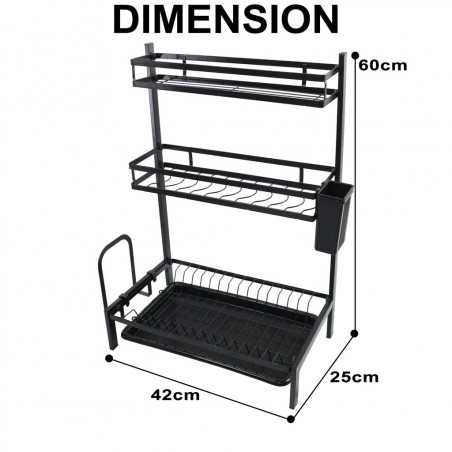 MJ-6014 Égouttoir en acier noir et 3 étagères avec bac d'égouttement amovible