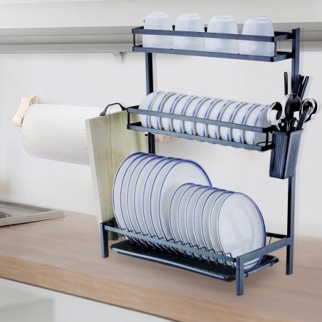 MJ-6014 Égouttoir en acier noir et 3 étagères avec bac d'égouttement amovible