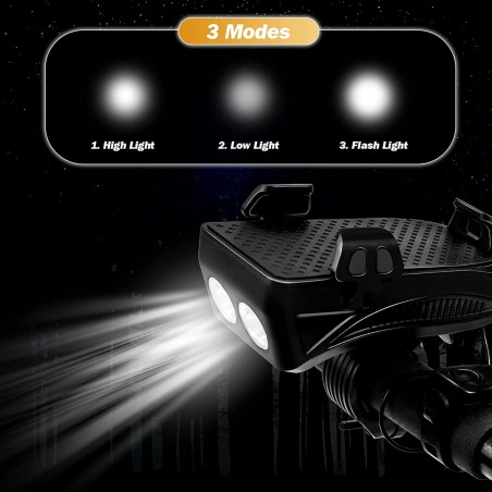 Lampe de poche avec klaxon pour vélo 5W chargement USB et support mobile