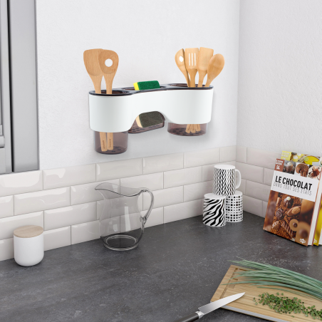 582008 Porte-ustensiles mural multifonctionnel pour cuisine avec 3 compartiments