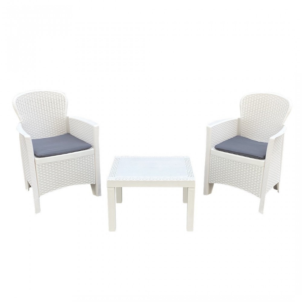 Salon intérieur ou extérieur AKITA Polyrattan blanc 2 fauteuils et table basse