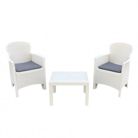 Salon intérieur ou extérieur AKITA Polyrattan blanc 2 fauteuils et table basse