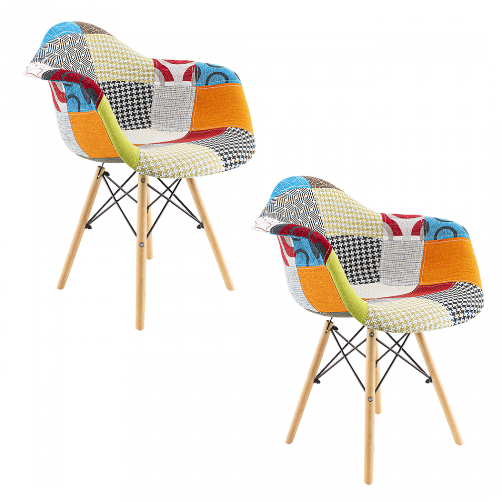 Lot de 2 fauteuils EIFFEL en tissu Patchwork assise moelleuse pieds bois