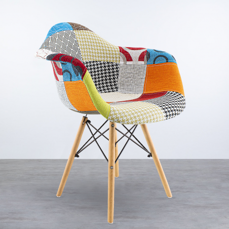 Lot de 2 fauteuils EIFFEL en tissu Patchwork assise moelleuse pieds bois