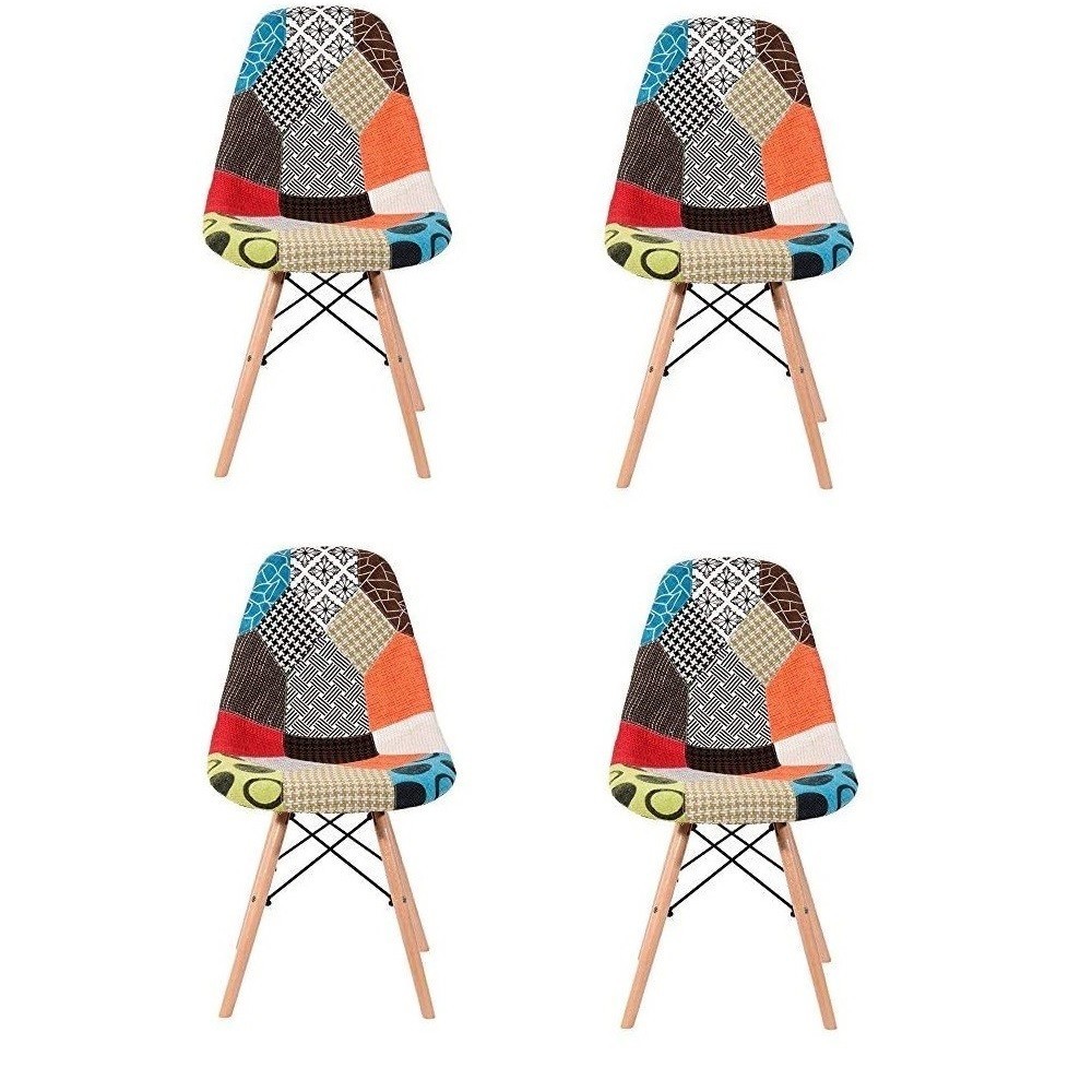 Lot de 4 chaises Fantasy en tissu patchwork 48x54x85cm avec pieds en bois