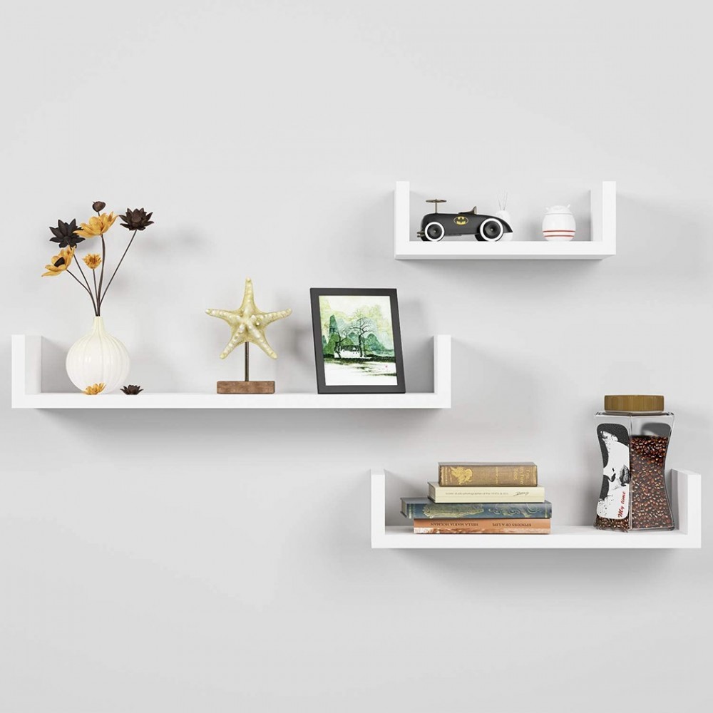 Set 3 étagères décoratives en forme de U porte-objets muraux 30-40-50 cm blanc