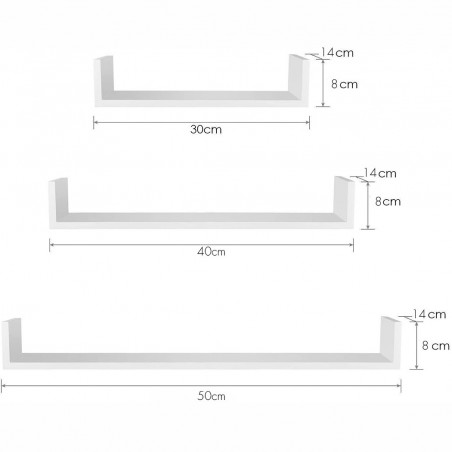 Set 3 étagères décoratives en forme de U porte-objets muraux 30-40-50 cm blanc