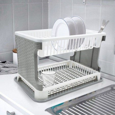 26029 Égouttoir à vaisselle en plastique rotin 2 niveaux pour évier de cuisine