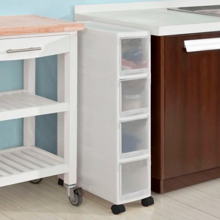 Chariot blanc compact à 4 tiroirs et à usages multiples étroit avec roues