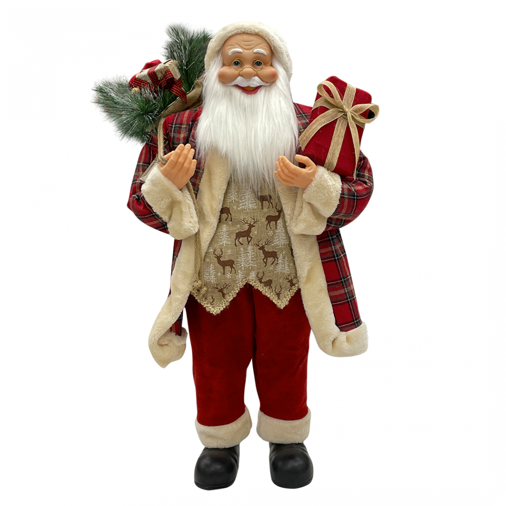 Père Noël écossais rouge 144243 robe en velours 110 H cm avec lumières et sons