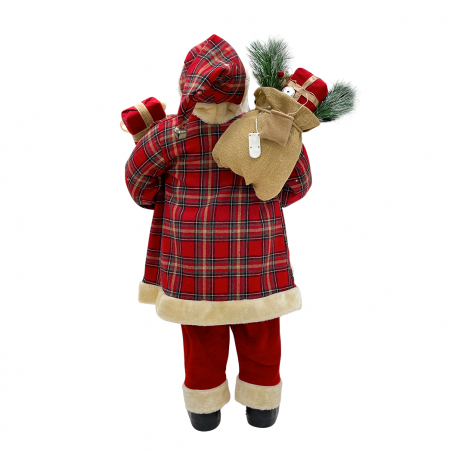 Père Noël rouge écossais 144244 robe en velours 90H cm avec lumières et sons