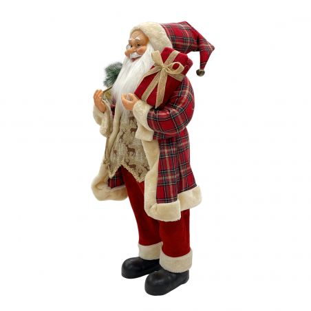 Père Noël rouge écossais 144244 robe en velours 90H cm avec lumières et sons