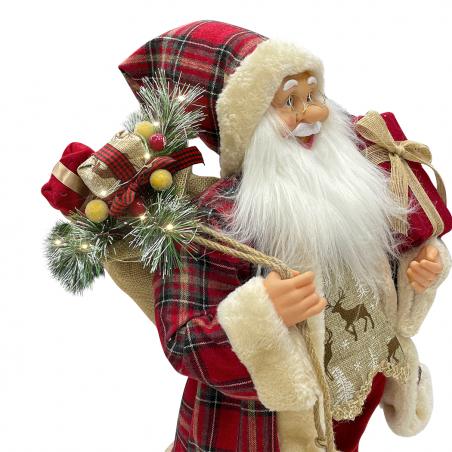 Père Noël écossais rouge 144246 Robe en velours 60 H cm avec mini lumières