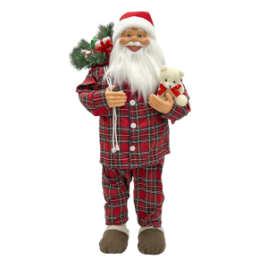 Père Noël 110H cm avec pyjama rouge écossais 144251 avec mini lumières et sons