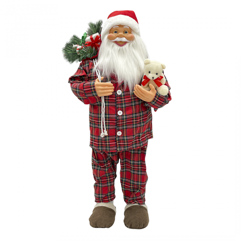 Père Noël 110H cm avec pyjama rouge écossais 144251 avec mini lumières et sons