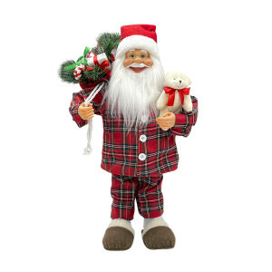 Père Noël 60H cm avec pyjama rouge écossais 144254 avec mini lumières